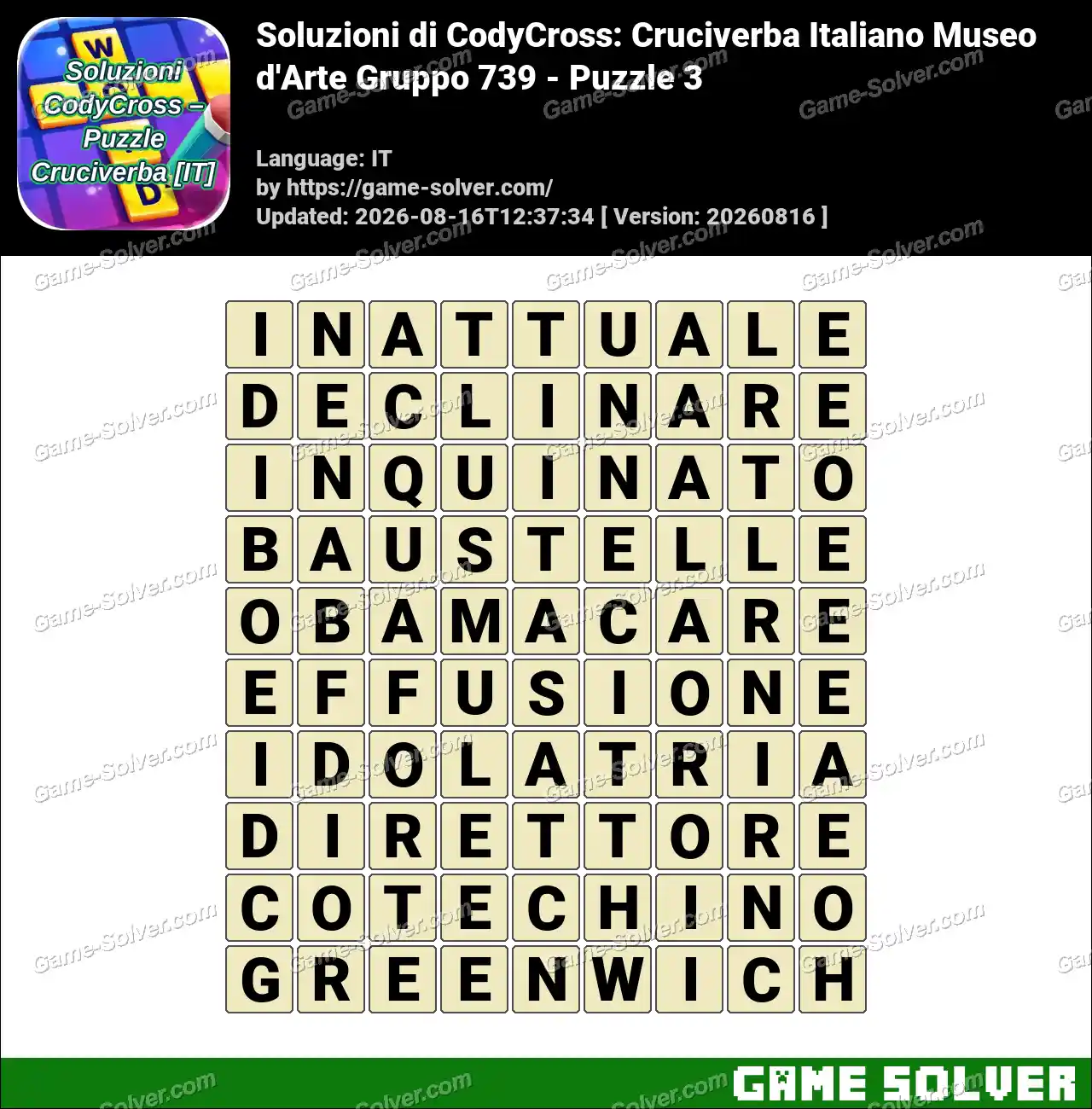 Soluzioni di CodyCross: Cruciverba Italiano Museo d’Arte Gruppo 739 – Puzzle 3